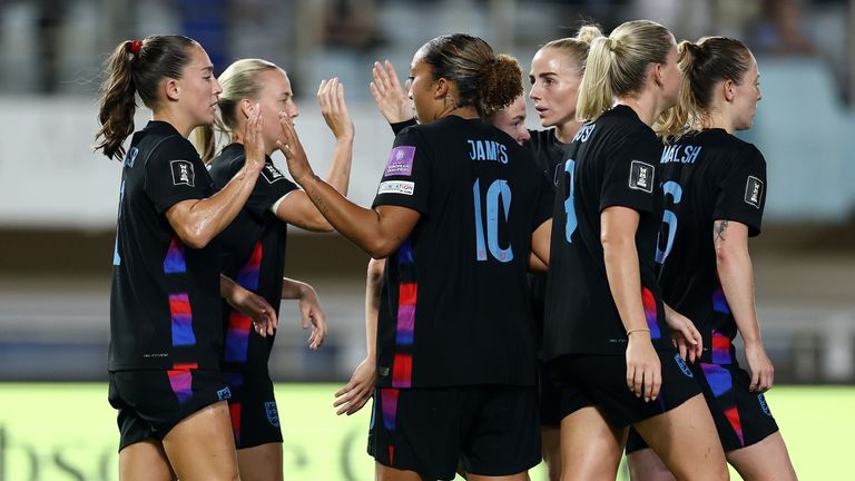 England celebrate Maya Le Tissier's goal